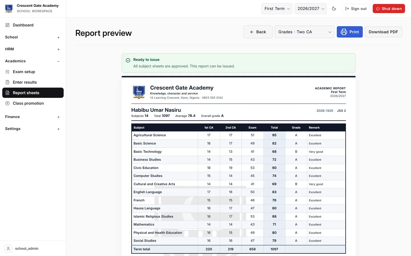 Approved student report sheet